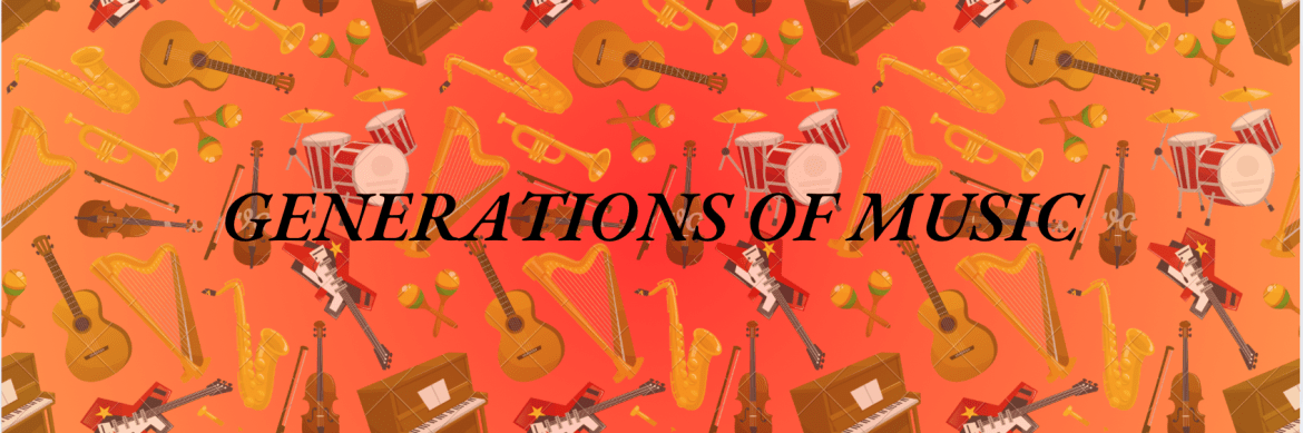 horizontal header image with a warm gradient red-orange background covered in illustrated musical instruments, including guitars, violins, pianos, drums, harps, trumpets, and maracas. Centered in bold italic font is the title “Generations of Music.”